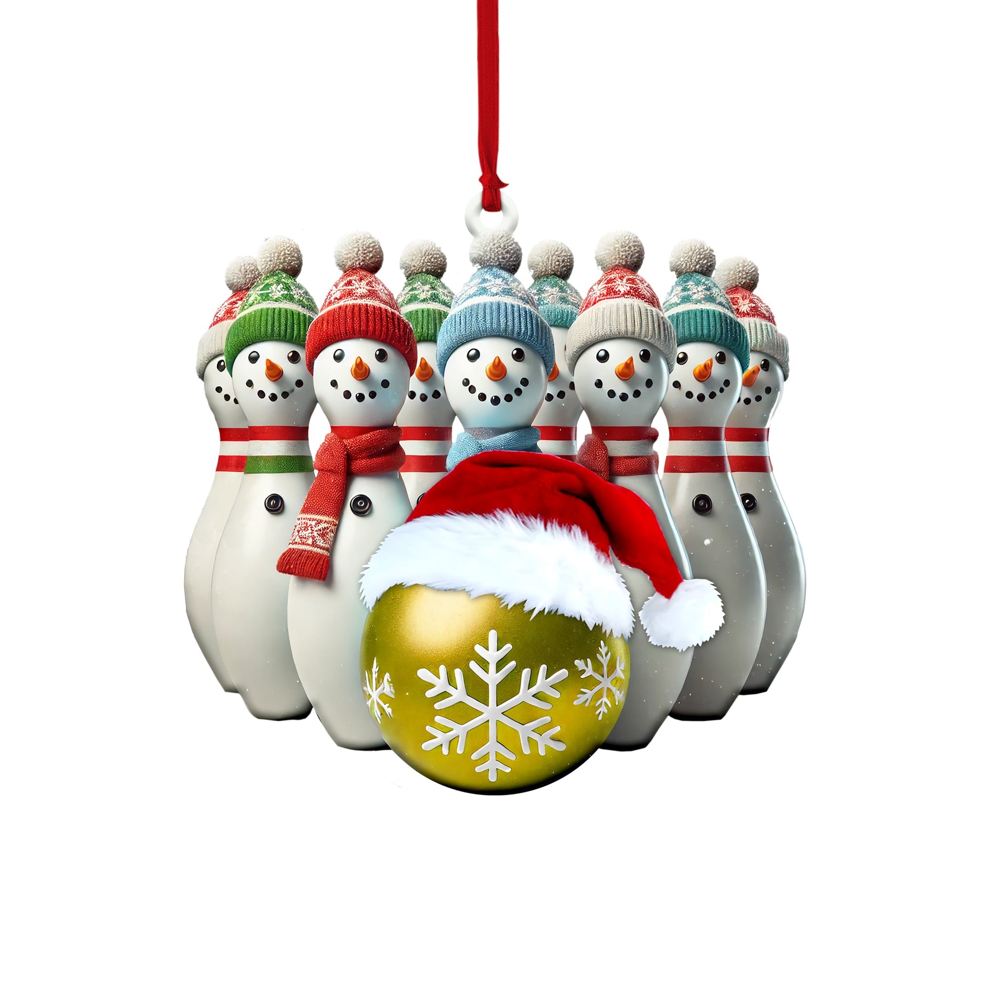 Gold snowflake themed snowman bowling pin Christmas ornament with red scarf