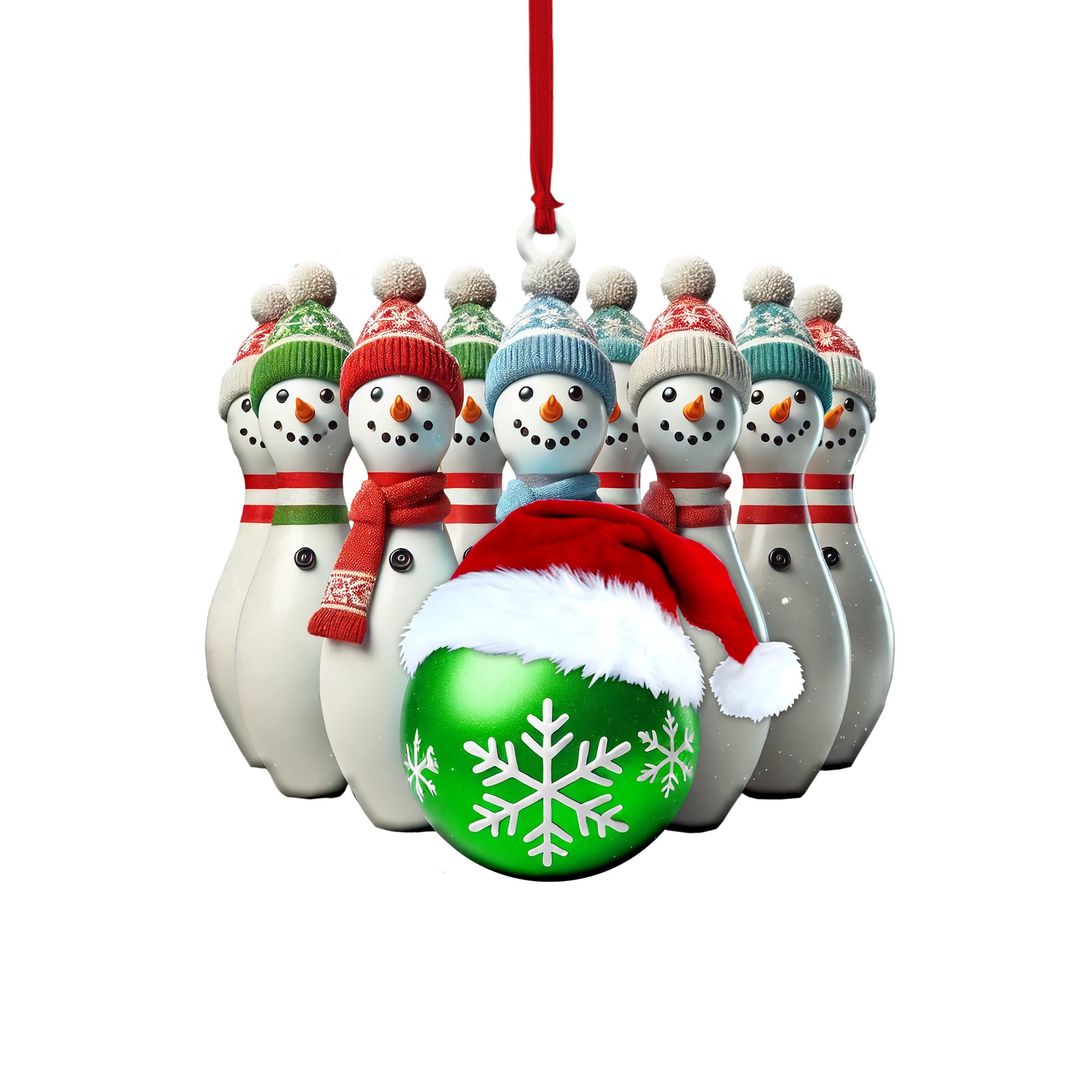 Customizable snowman bowling pin Christmas ornament with green snowflake design and red scarf.