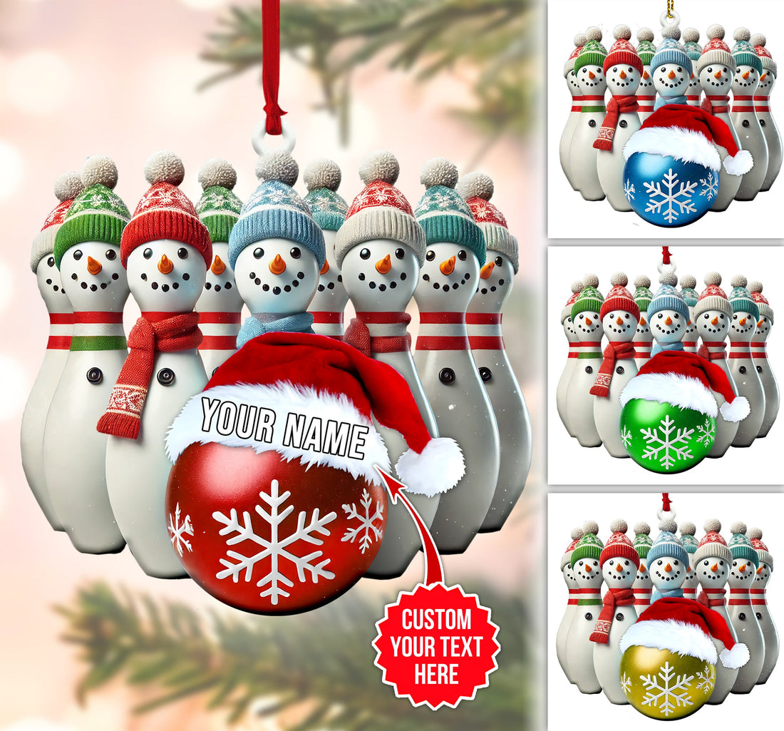 Set of snowman bowling pin Christmas ornaments in multiple colors with personalized text.