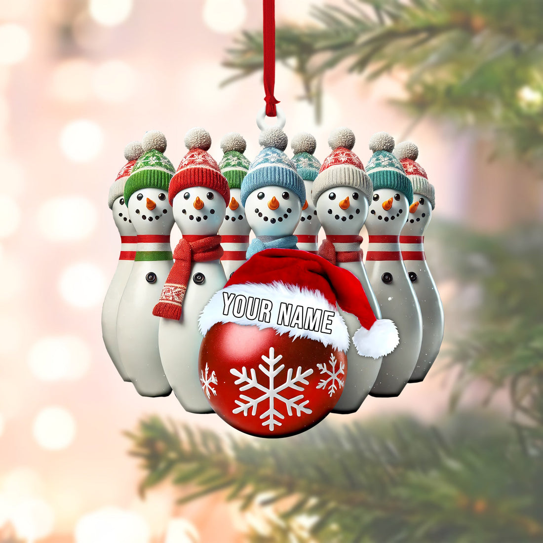 Set of snowman bowling pin Christmas ornaments in multiple colors with personalized text.