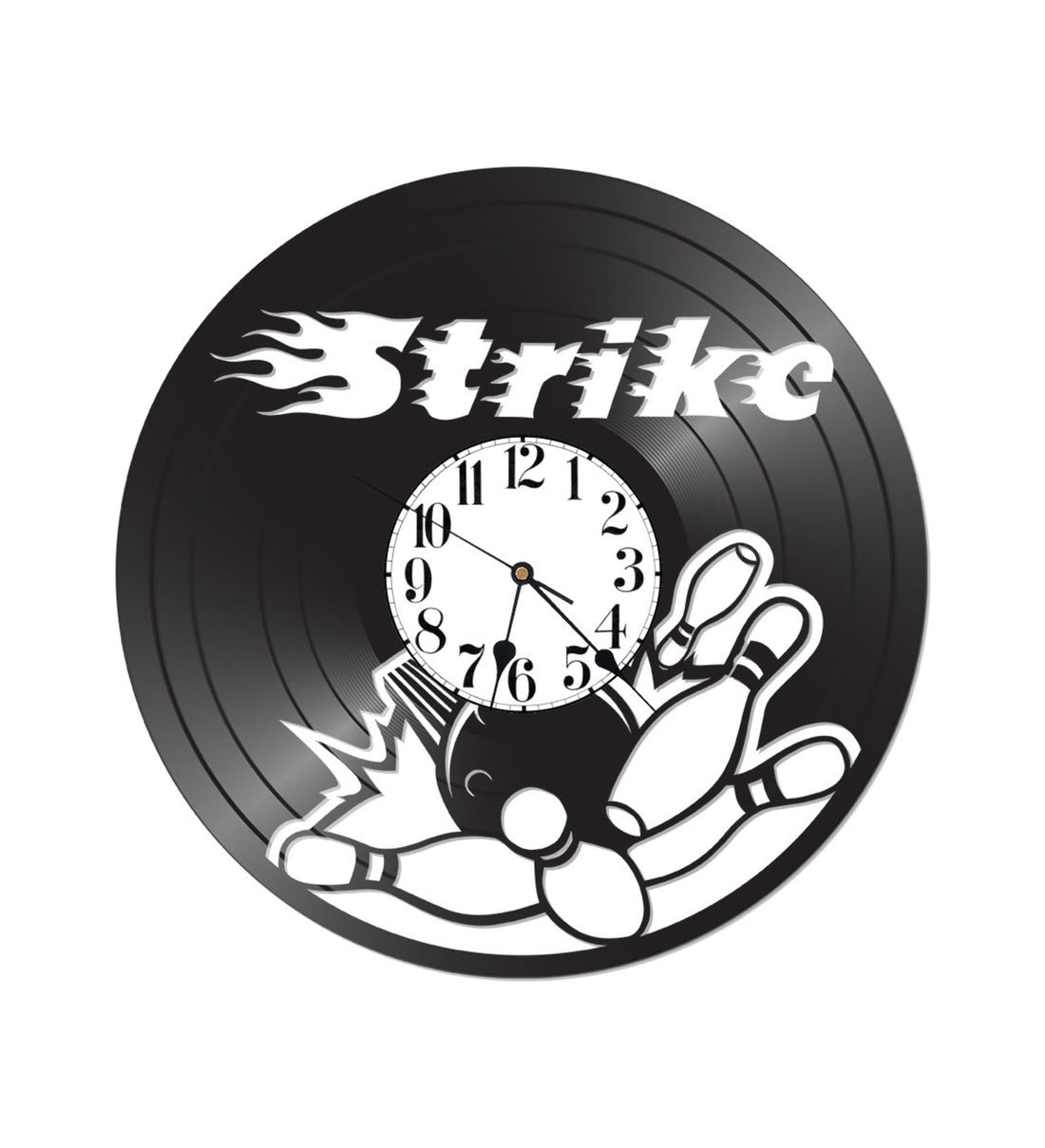 Strike Bowling vinyl clock with a dynamic bowling graphic and a mechanical clock face, featuring the word "Strike
