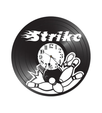 Strike Bowling vinyl clock with a dynamic bowling graphic and a mechanical clock face, featuring the word "Strike
