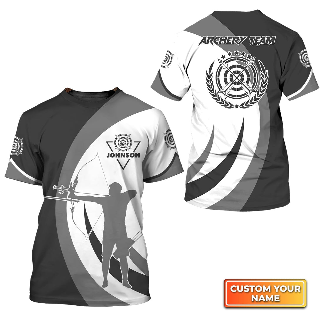 Black And Grey Silhouette Archery Target Personalized Name 3D Tshirt Gift For Archer