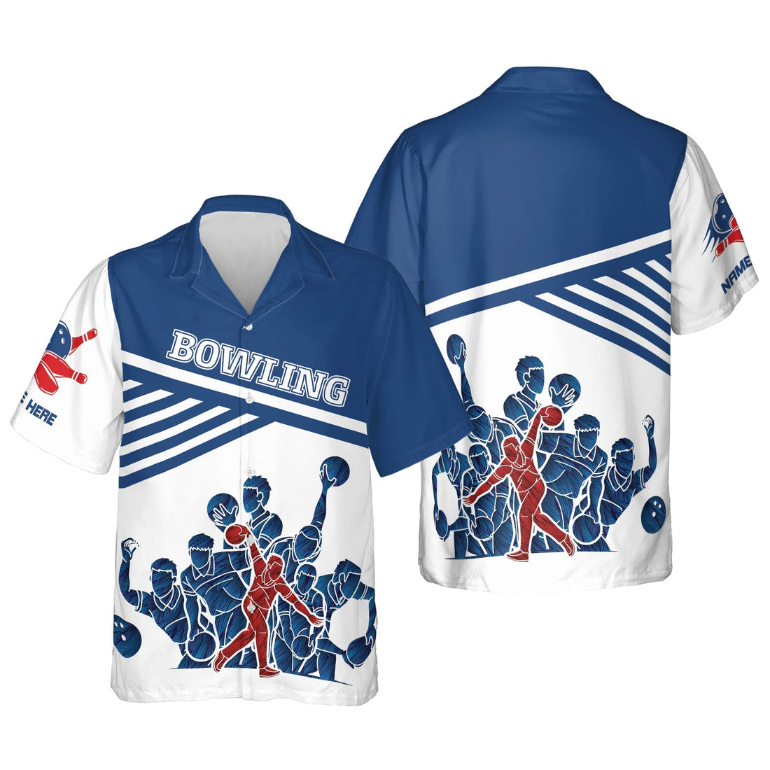 Blue and white Hawaiian-style bowling shirt with red-and-blue player silhouettes, diagonal stripes, and customizable sleeve text for name or team personalization.
