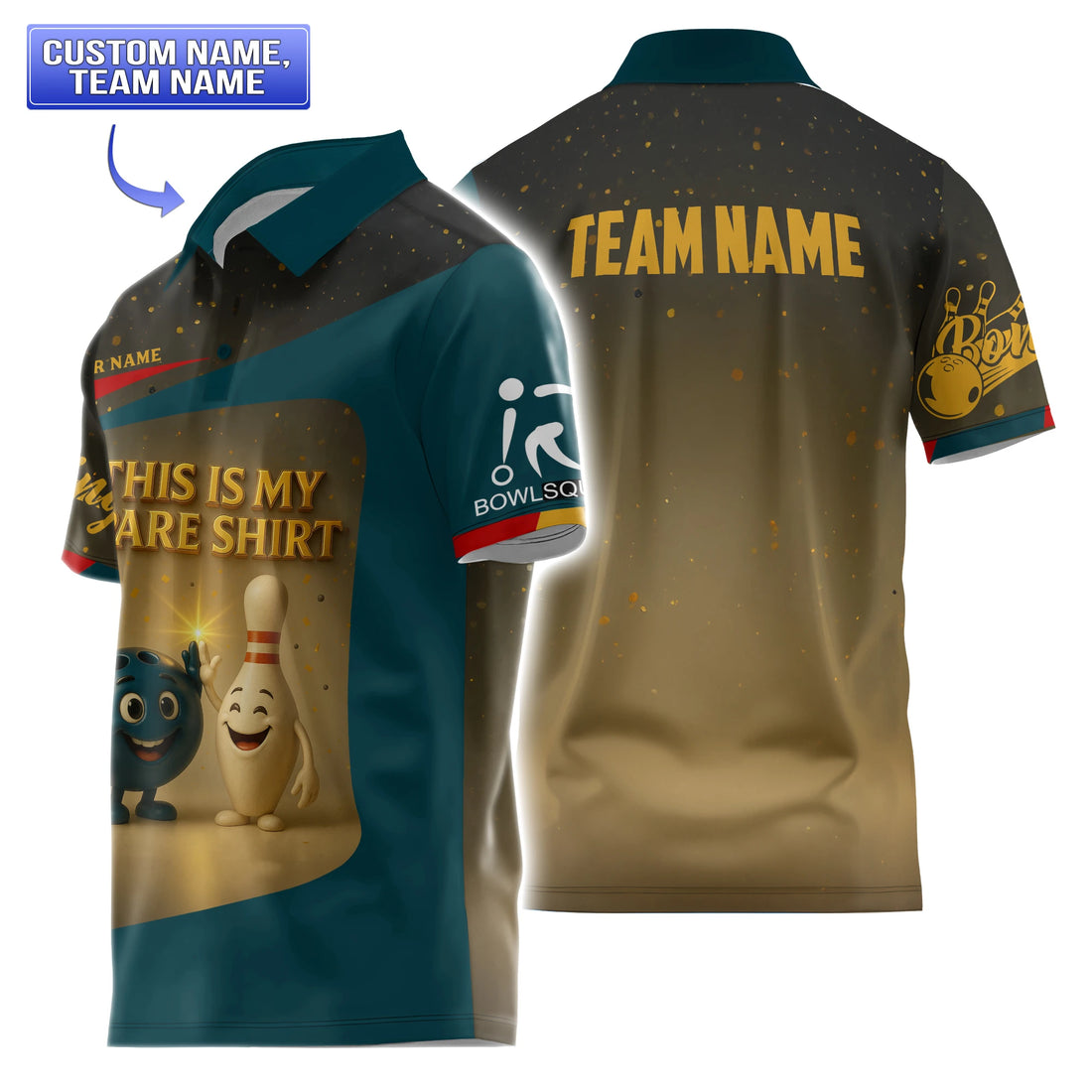 Front-and-back view of a teal & gold “This Is My Spare Shirt” bowling polo shirt with smiling pin & ball graphics and customizable team name