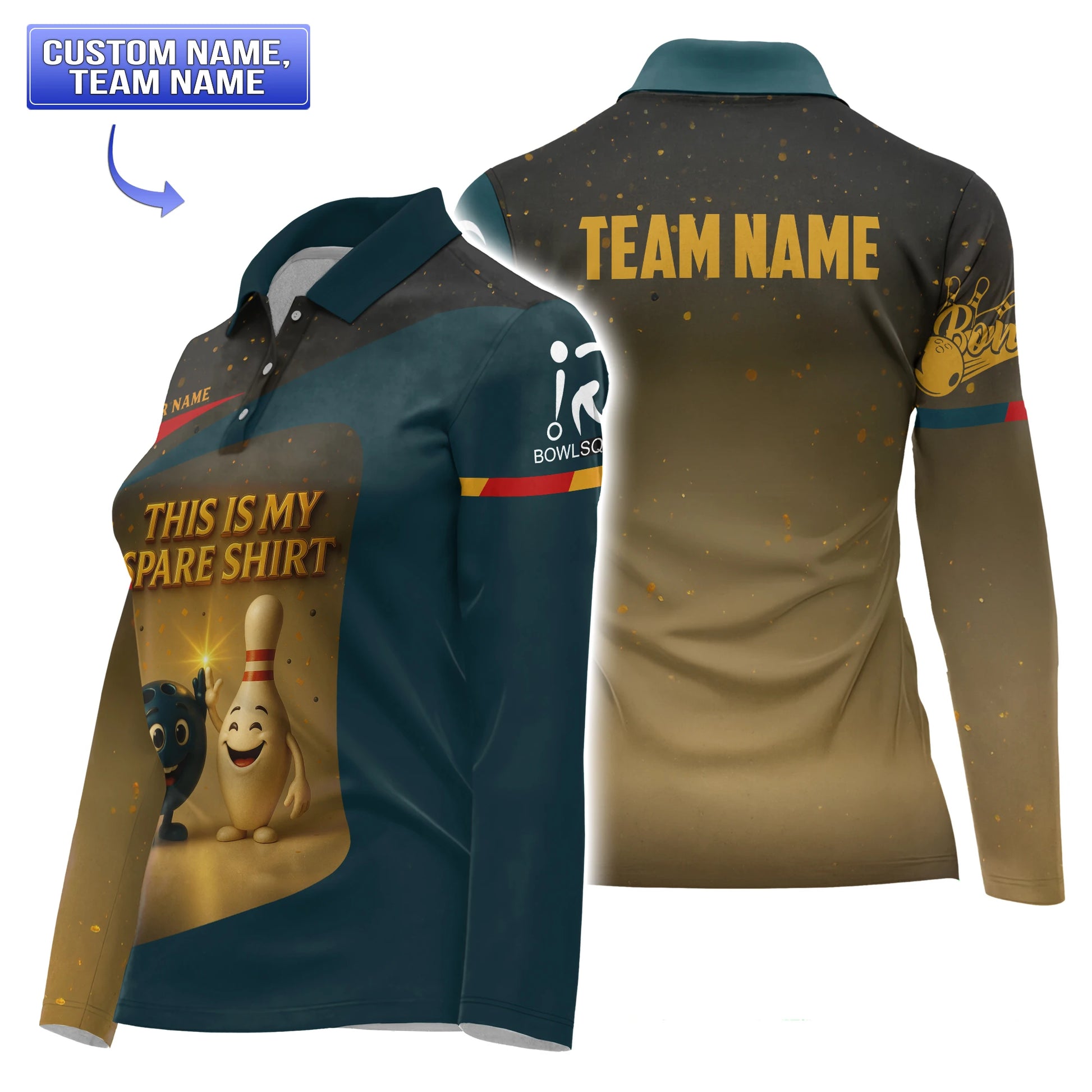Athletic bowling polo shirt with bold “This Is My Spare Shirt” text, high-five pin/ball graphic, and personalized name