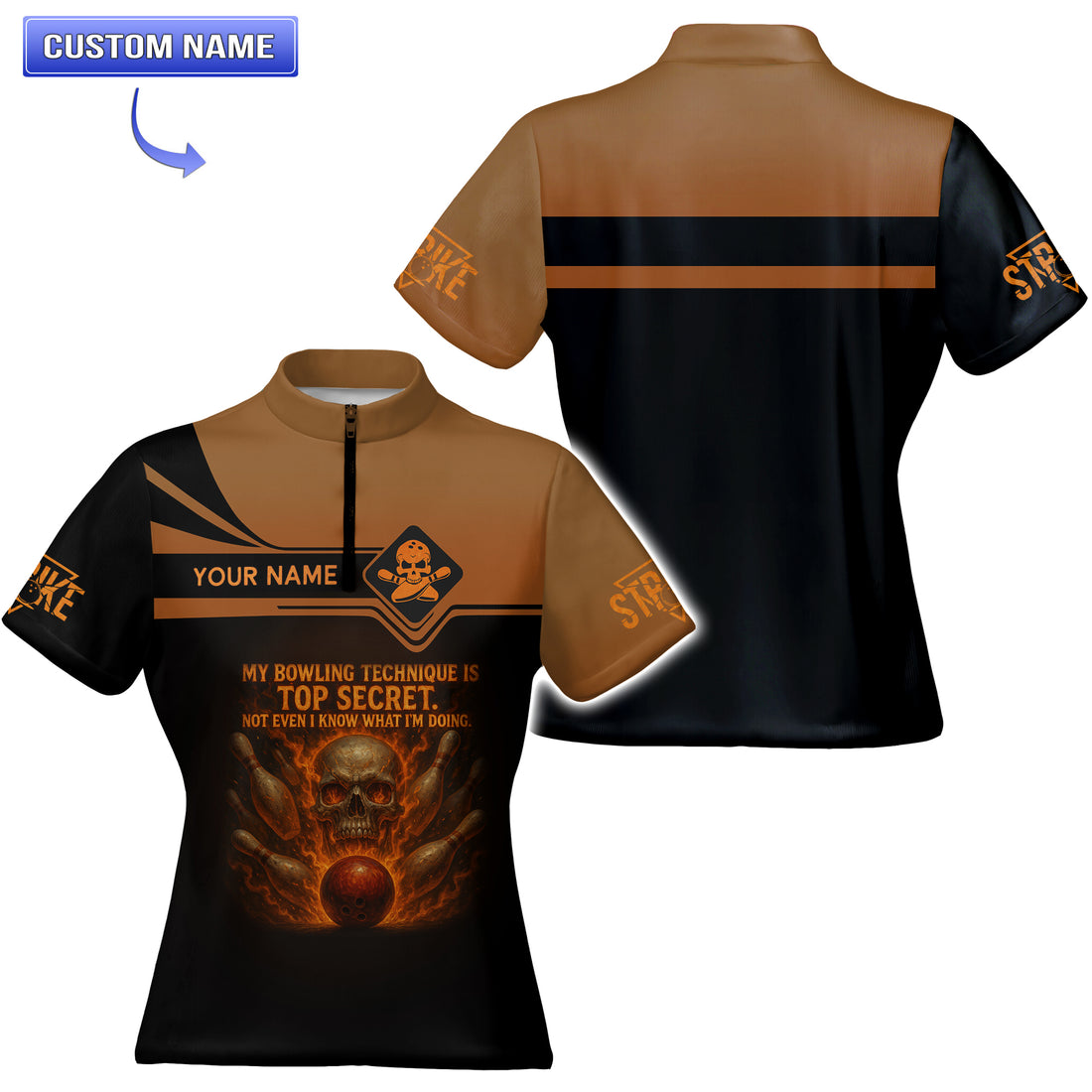 Front view of custom bowling jersey with skull, pins, and flames