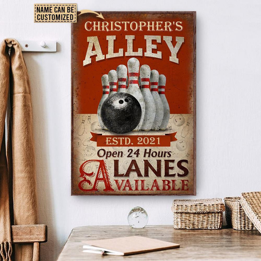 A customizable vintage bowling alley sign with the name "Christopher's Alley" and a classic bowling ball and pins design.