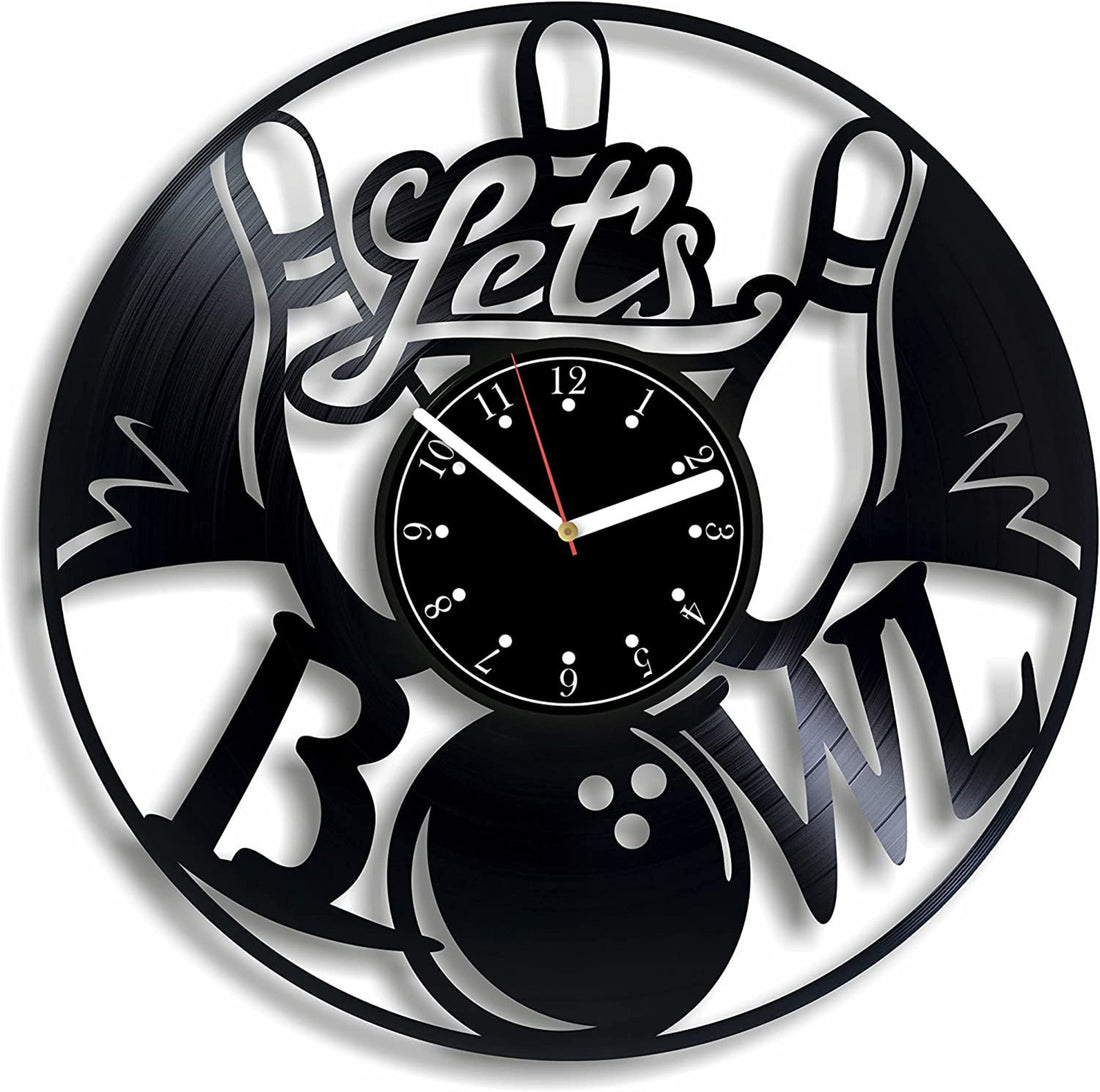 Bowling-themed wall clock with a "Let's Bowl" design on a vinyl record, featuring bowling pins and a ball.