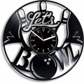 Unique bowling clock made from a vinyl record, showcasing the phrase 