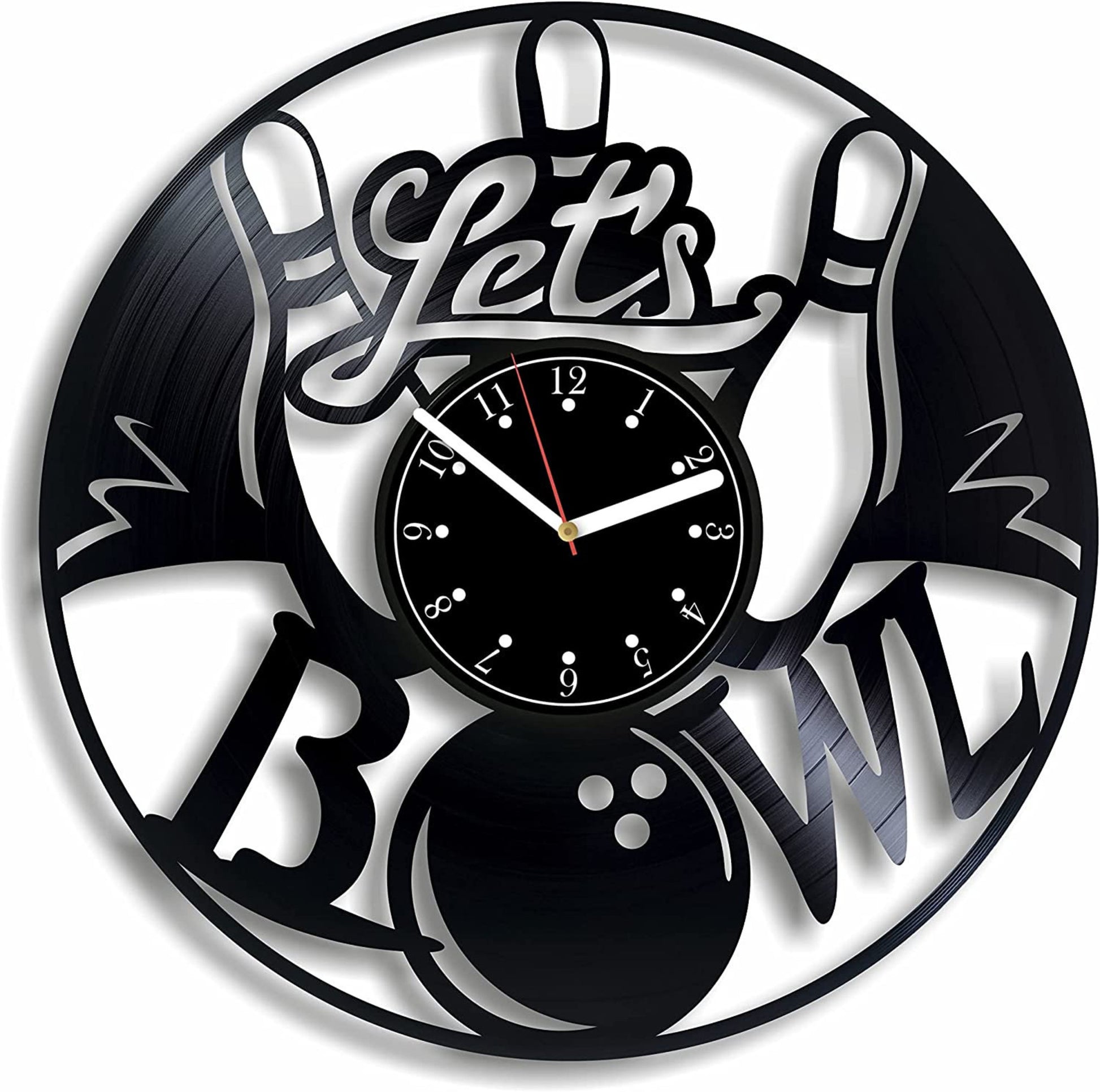 Unique bowling clock made from a vinyl record, showcasing the phrase "Let's Bowl" with bowling ball and pins.