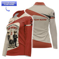 Front and back of a women’s long-sleeve bowling polo in red and beige, featuring the twin skeleton agents graphic on the front and customizable team name on the back.