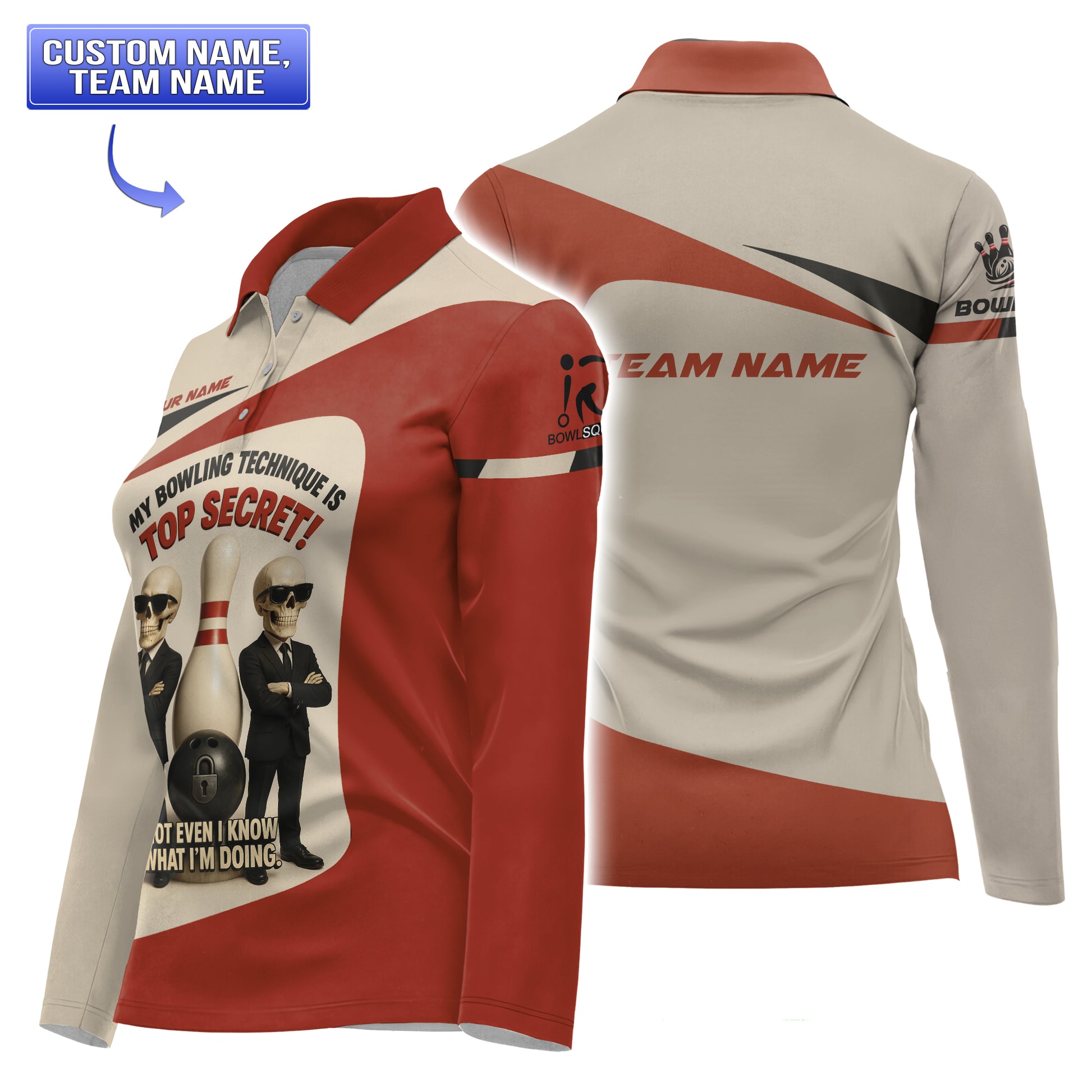 Front and back of a women’s long-sleeve bowling polo in red and beige, featuring the twin skeleton agents graphic on the front and customizable team name on the back.