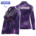 Front view of women’s fitted long-sleeve purple lightning bowling polo with feminine cut and storm design.
