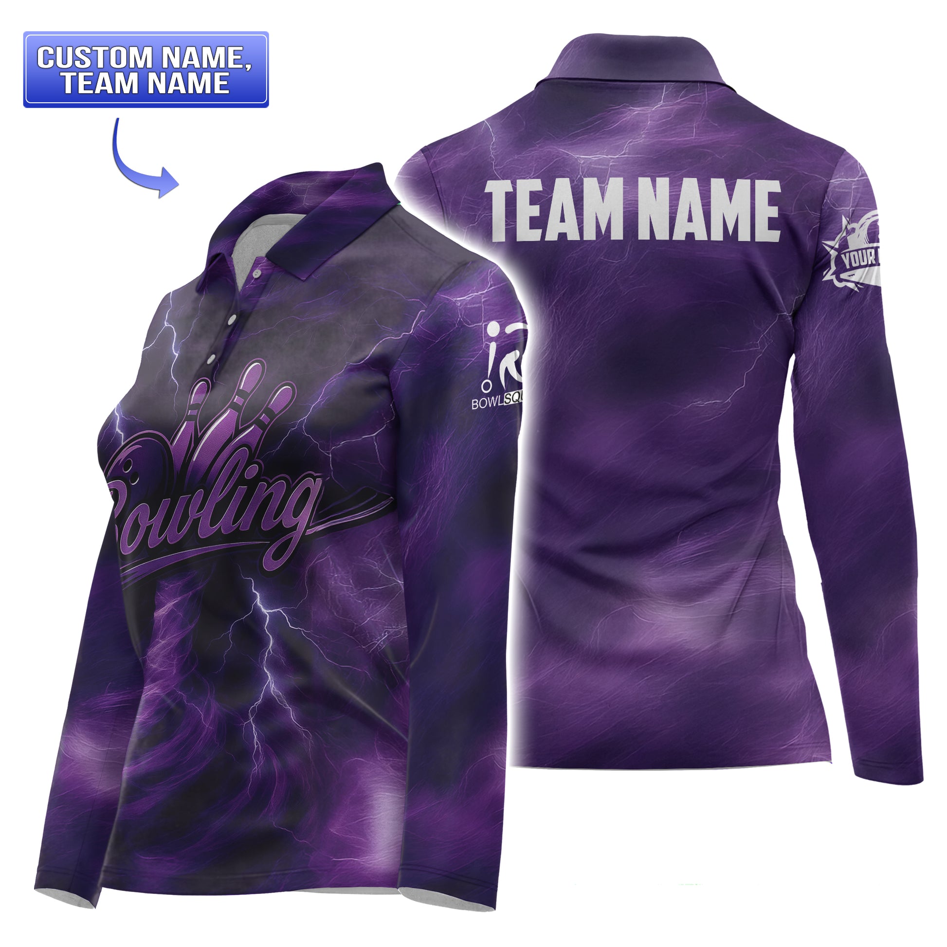 Front view of women’s fitted long-sleeve purple lightning bowling polo with feminine cut and storm design.