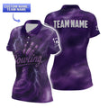  Front view of women’s short-sleeve purple lightning bowling polo with tapered waist and bold lightning print.