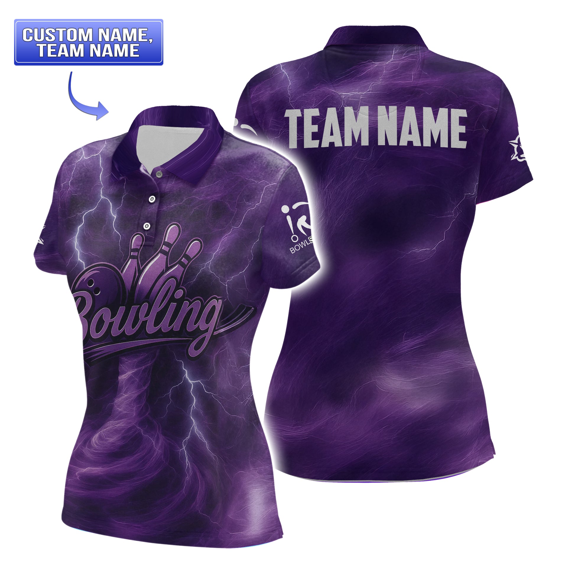  Front view of women’s short-sleeve purple lightning bowling polo with tapered waist and bold lightning print.