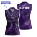  Back view of women’s purple lightning bowling tank top with bold “TEAM NAME” text.