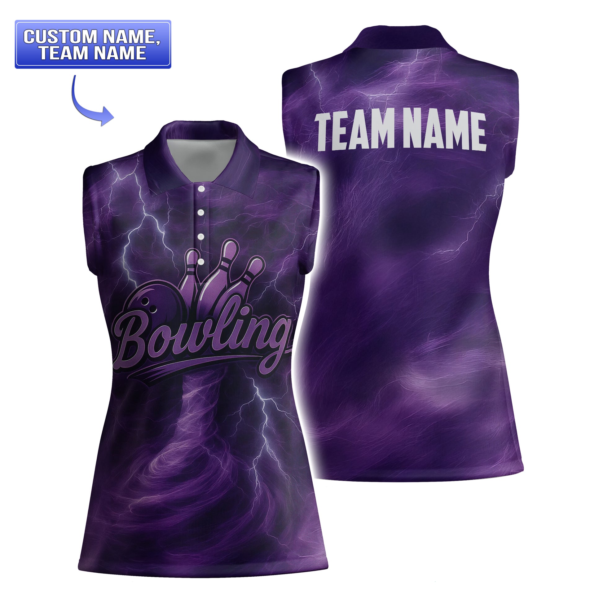  Back view of women’s purple lightning bowling tank top with bold “TEAM NAME” text.