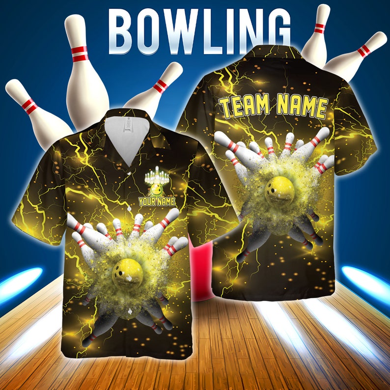 Yellow and black bowling shirt with exploding strike graphic and lightning effects, customizable with name and team text.