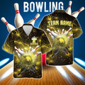 Yellow and black bowling shirt with exploding strike graphic and lightning effects, customizable with name and team text.