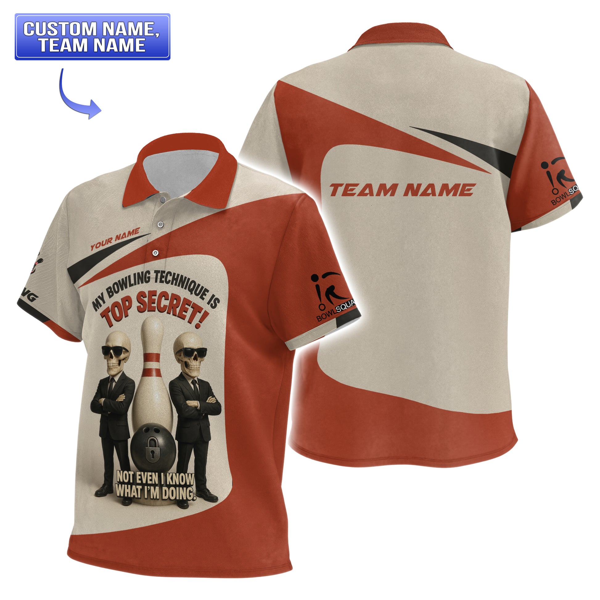 Front and back of a youth-sized bowling polo shirt, featuring the “Top Secret” skeleton graphic on the front and a team name area on the back.