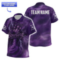 Front view of youth purple lightning bowling polo with lightning storm pattern and bowling graphic.