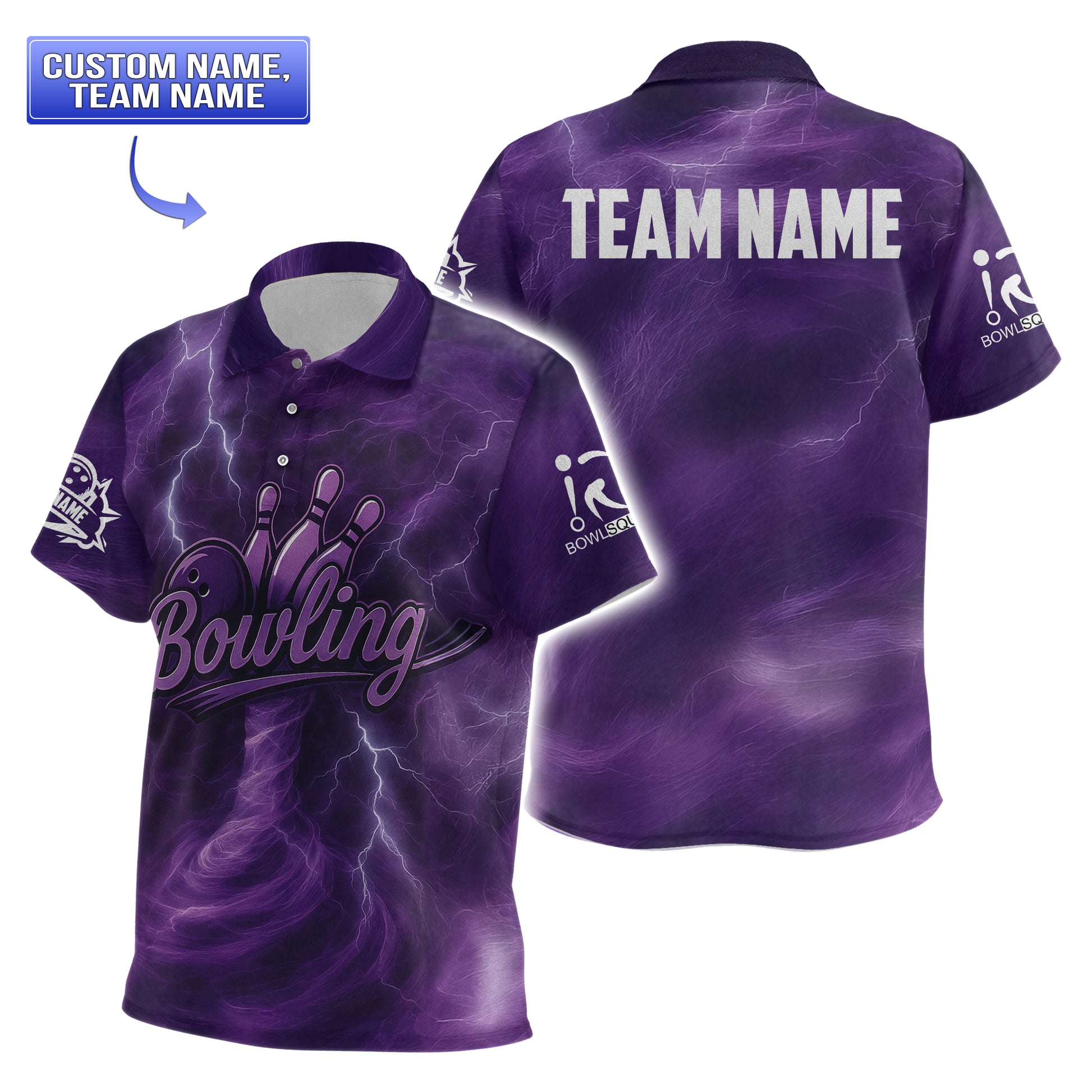 Front view of youth purple lightning bowling polo with lightning storm pattern and bowling graphic.
