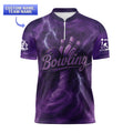Front view of youth purple bowling jersey with thunder swirl graphic and customizable name and team name.