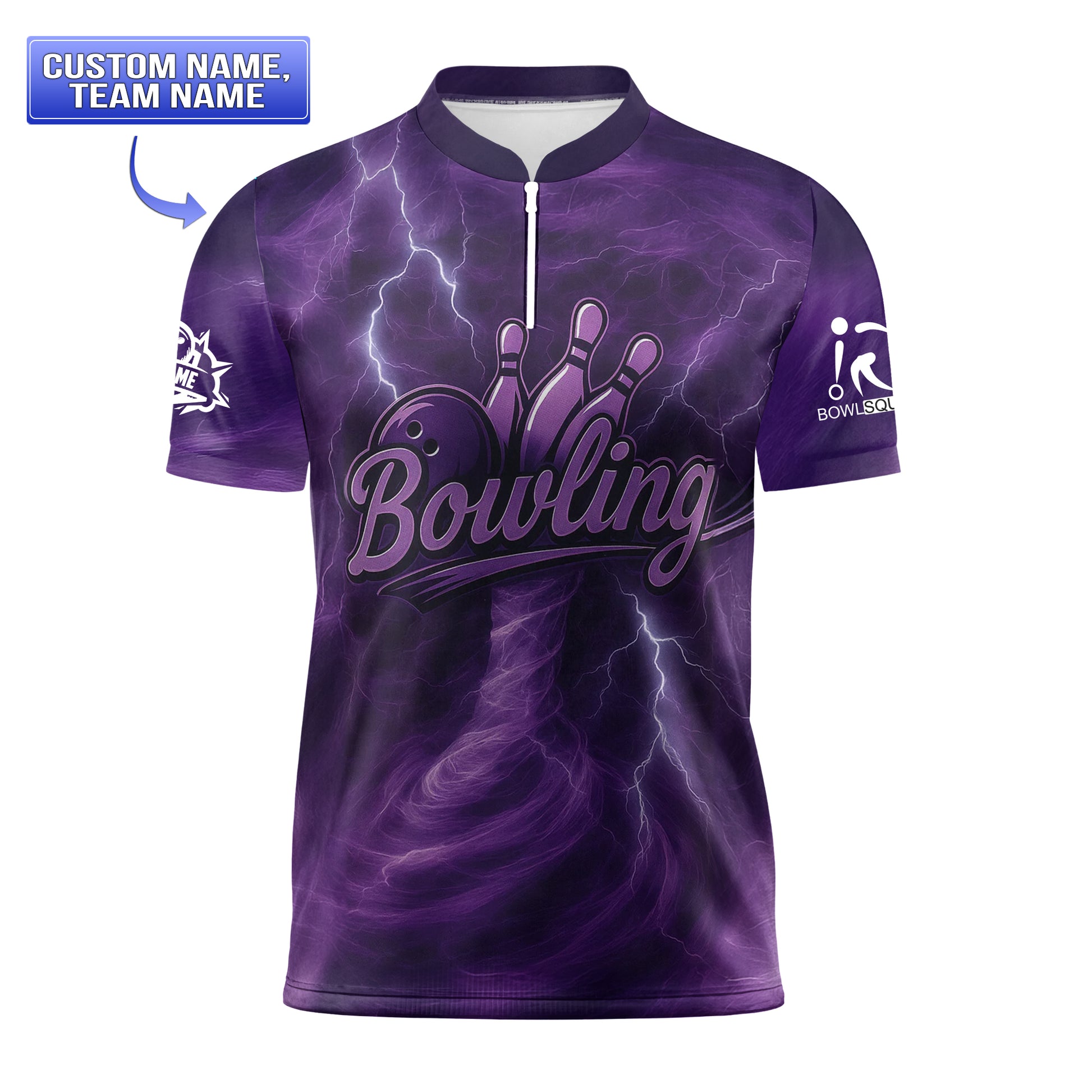 Front view of youth purple bowling jersey with thunder swirl graphic and customizable name and team name.