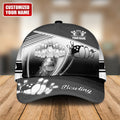 Custom black and white bowling cap with strike scene and bowling ball