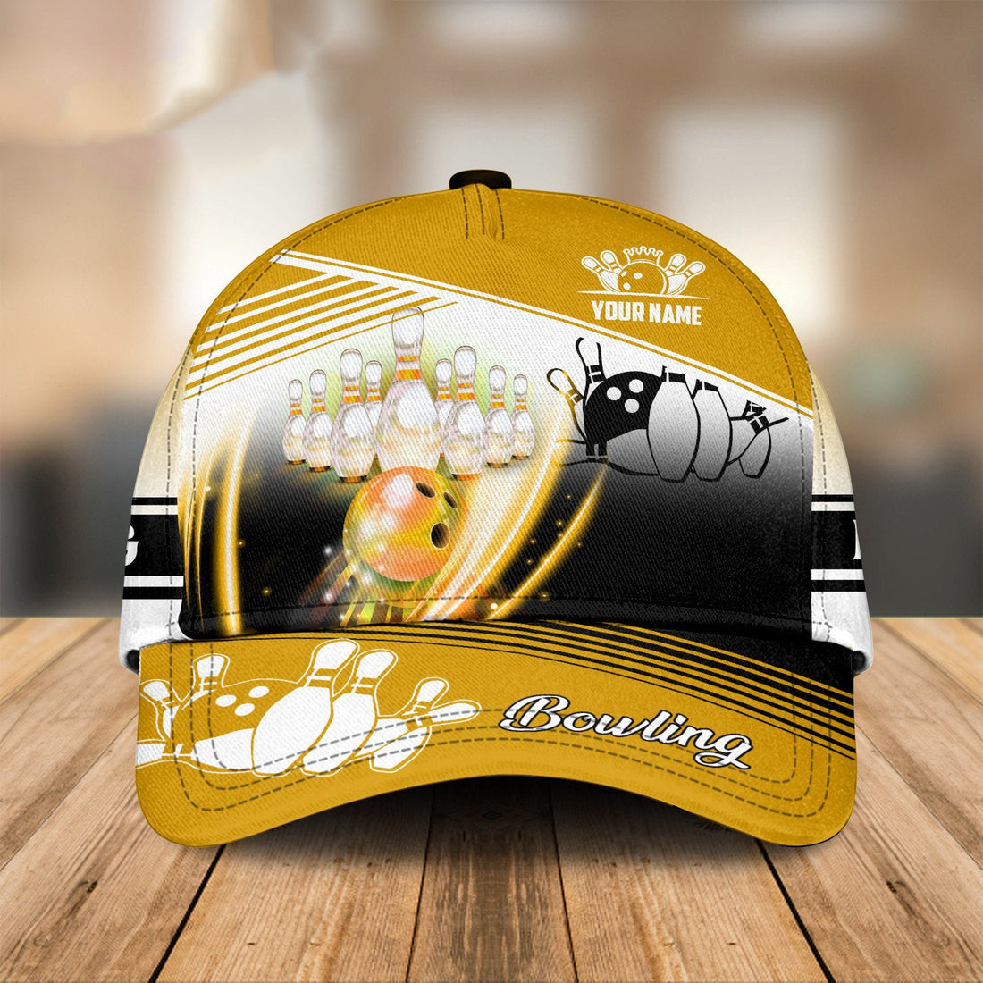 Gold strike bowling hat with customizable name and bold pin design
