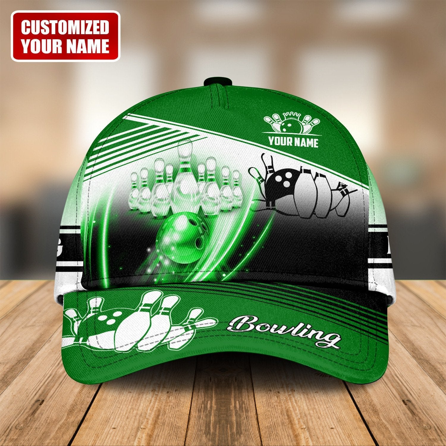 Green bowling-themed custom cap with motion design and bowling pins
