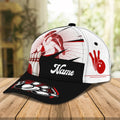 Alt text: “Left side view of baseball cap with red silhouette bowler and pin graphic on white panel”
