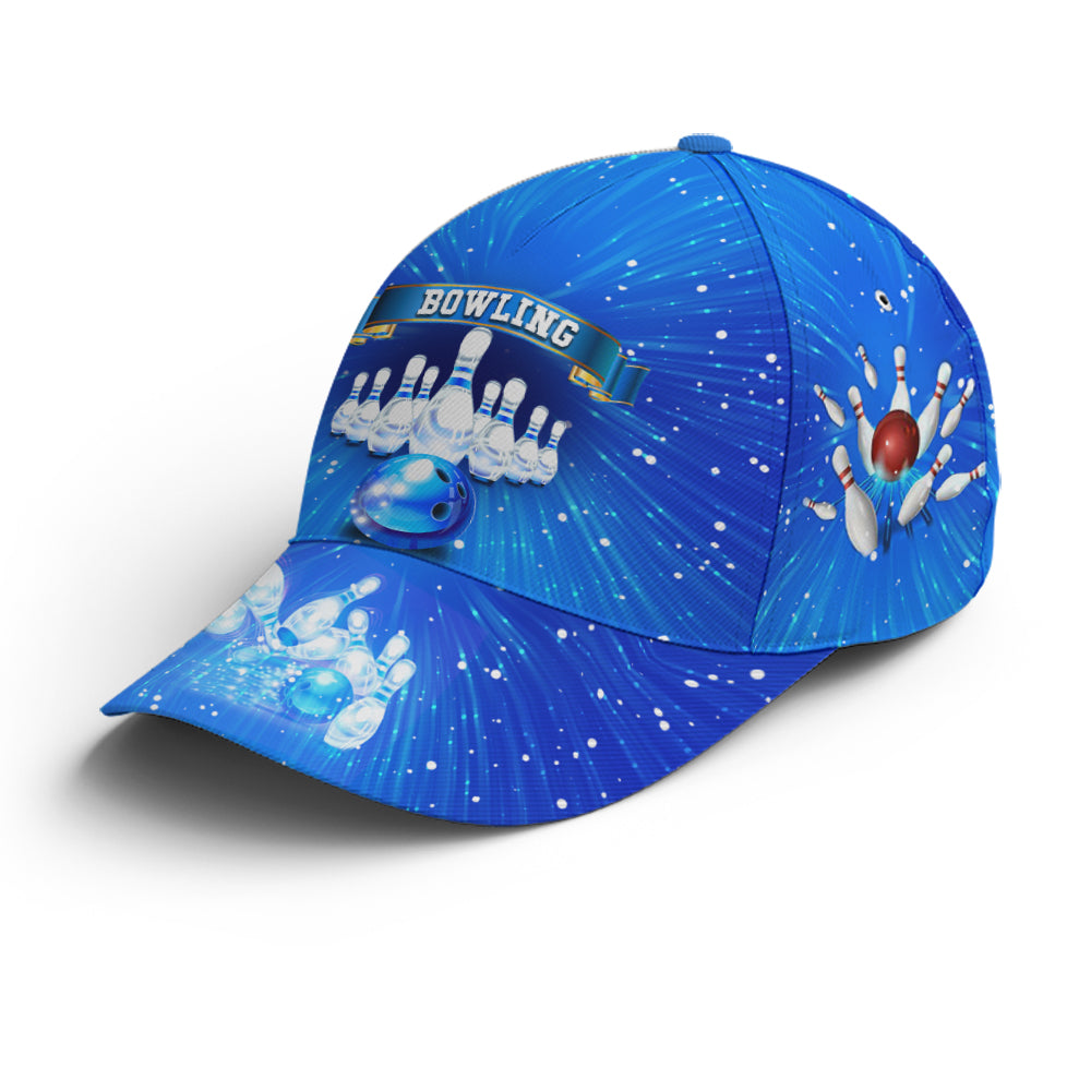 Front view of bowling cap with bold red bowling ball crashing into pins on a radiant blue cosmos background