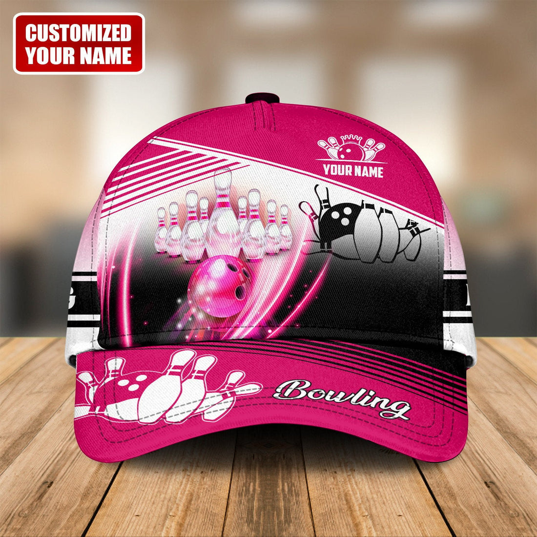 Gold strike bowling hat with customizable name and bold pin design