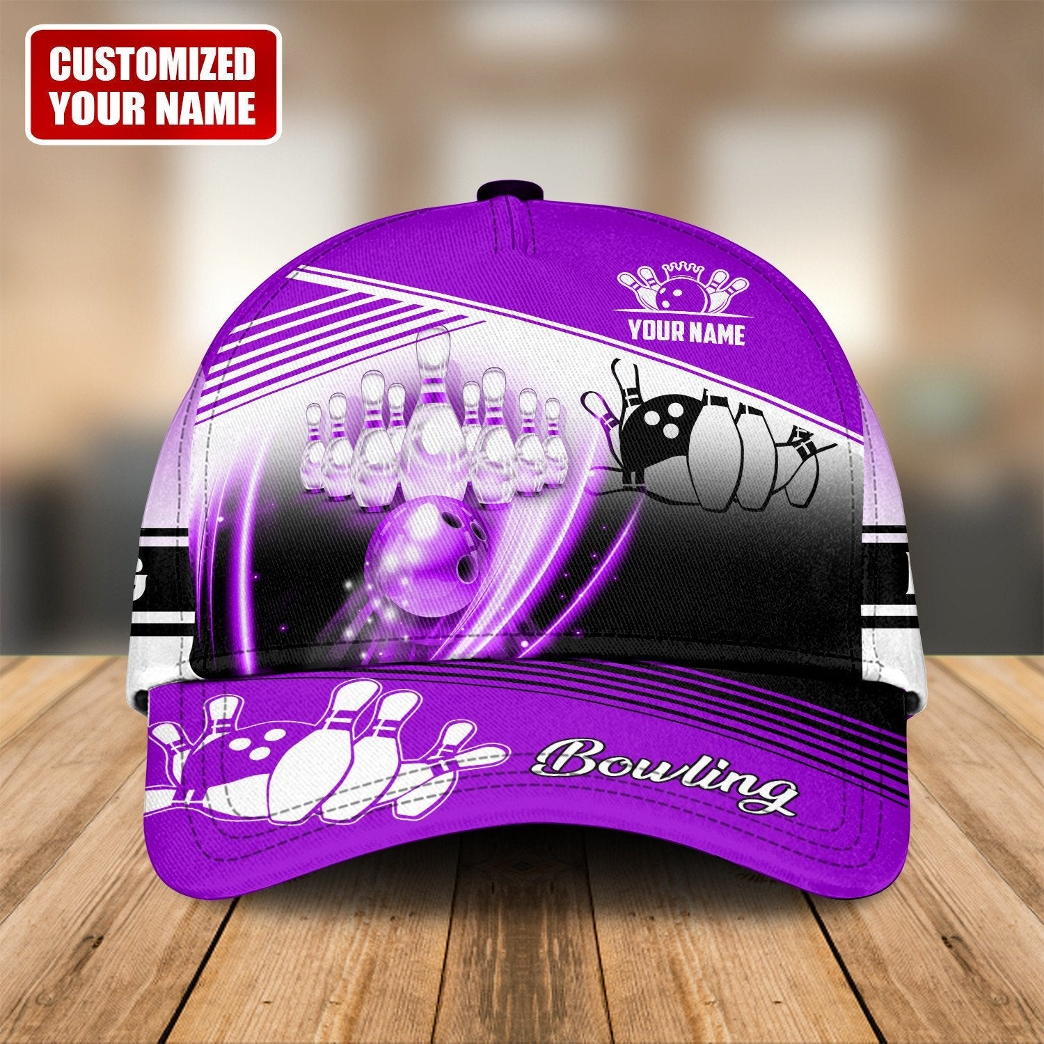 Personalized purple bowling cap with dynamic strike and bowling pins