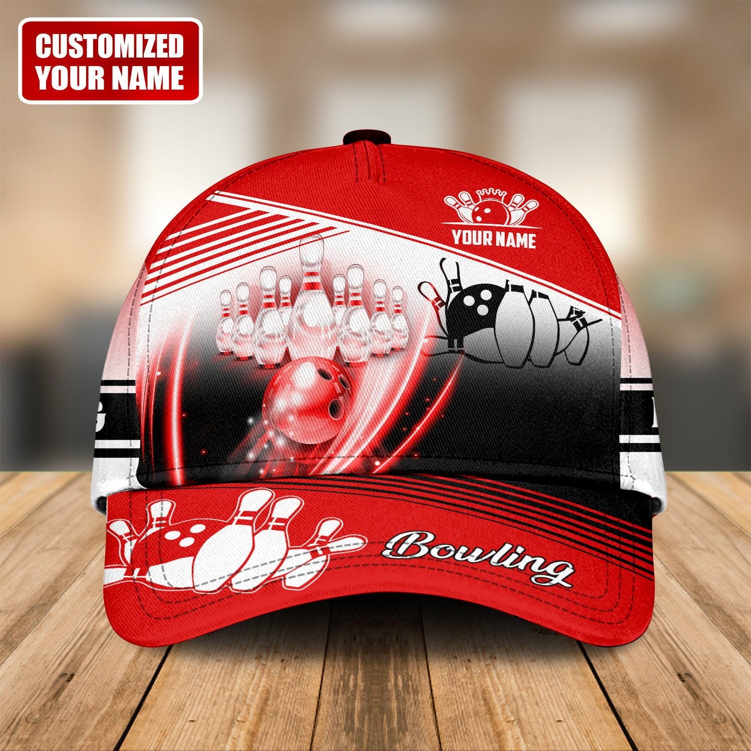 Custom red bowling cap for bowlers with energetic strike design