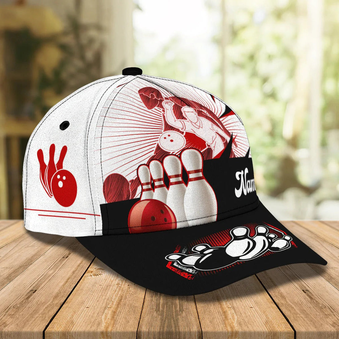 Front view of customizable bowling cap displaying name banner, ten-pin graphic, and dynamic speed lines