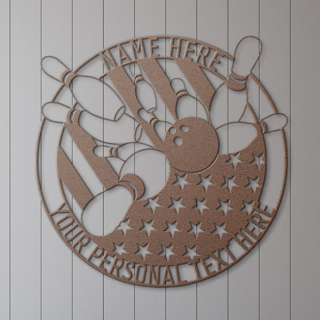 Copper-tone metal bowling pin wall art with personalized text area