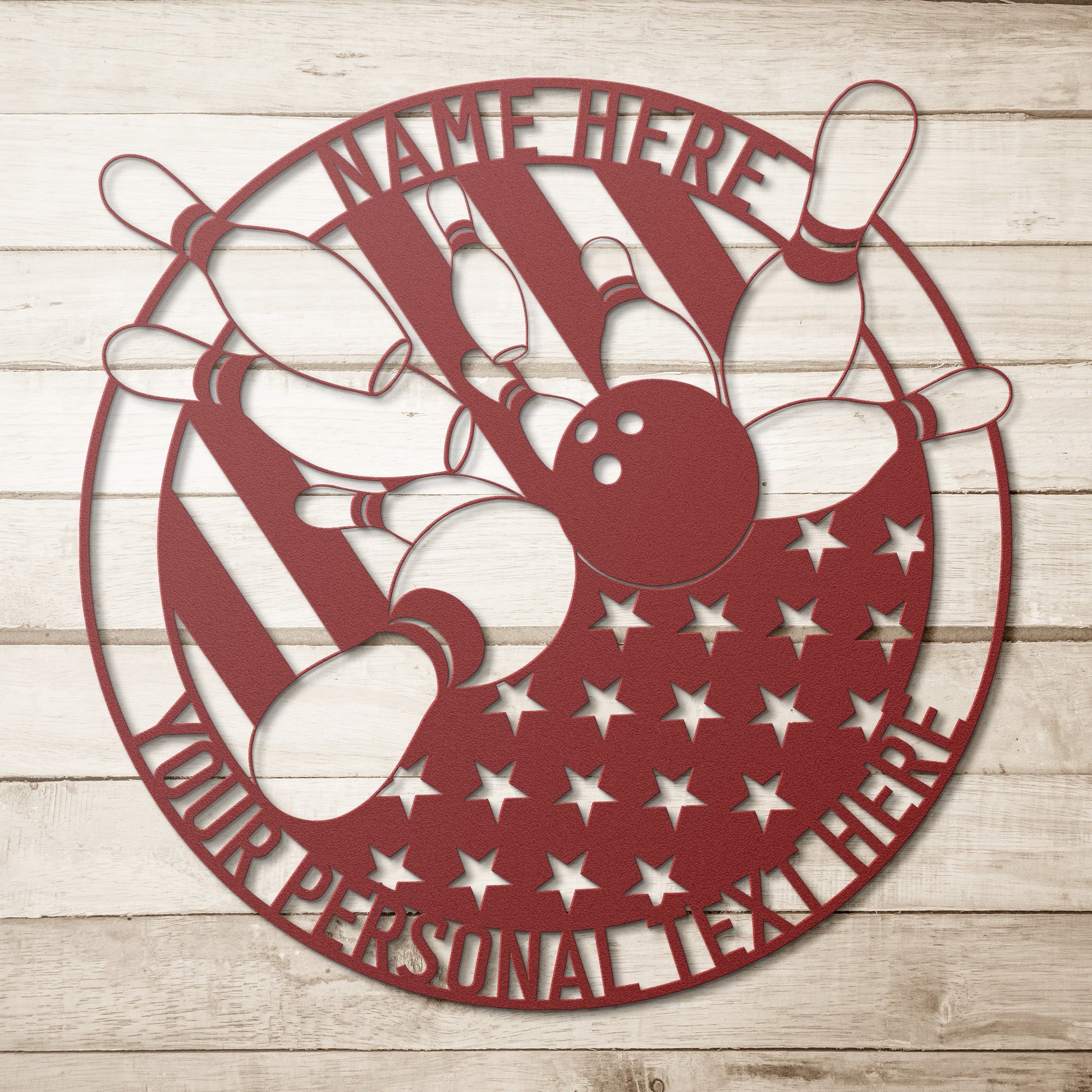 Red powder-coated metal wall sign depicting bowling pins with customizable name bar