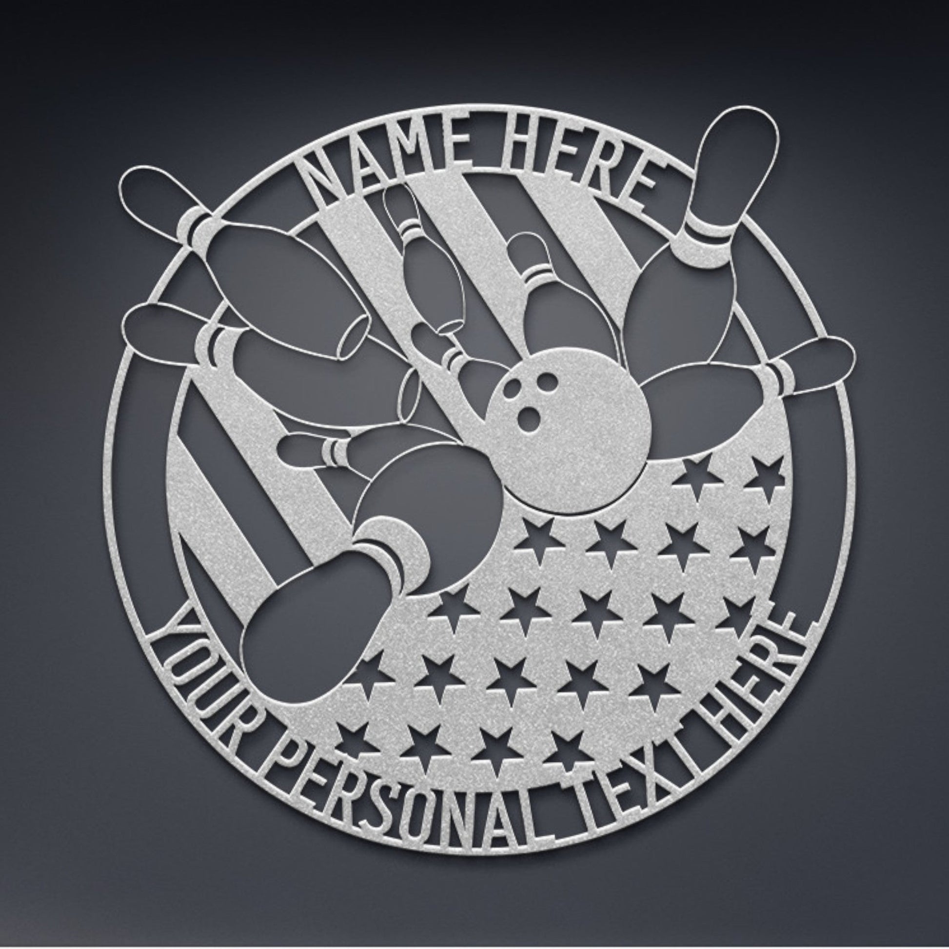Silver finish metal sign featuring stylized bowling pins and custom text space