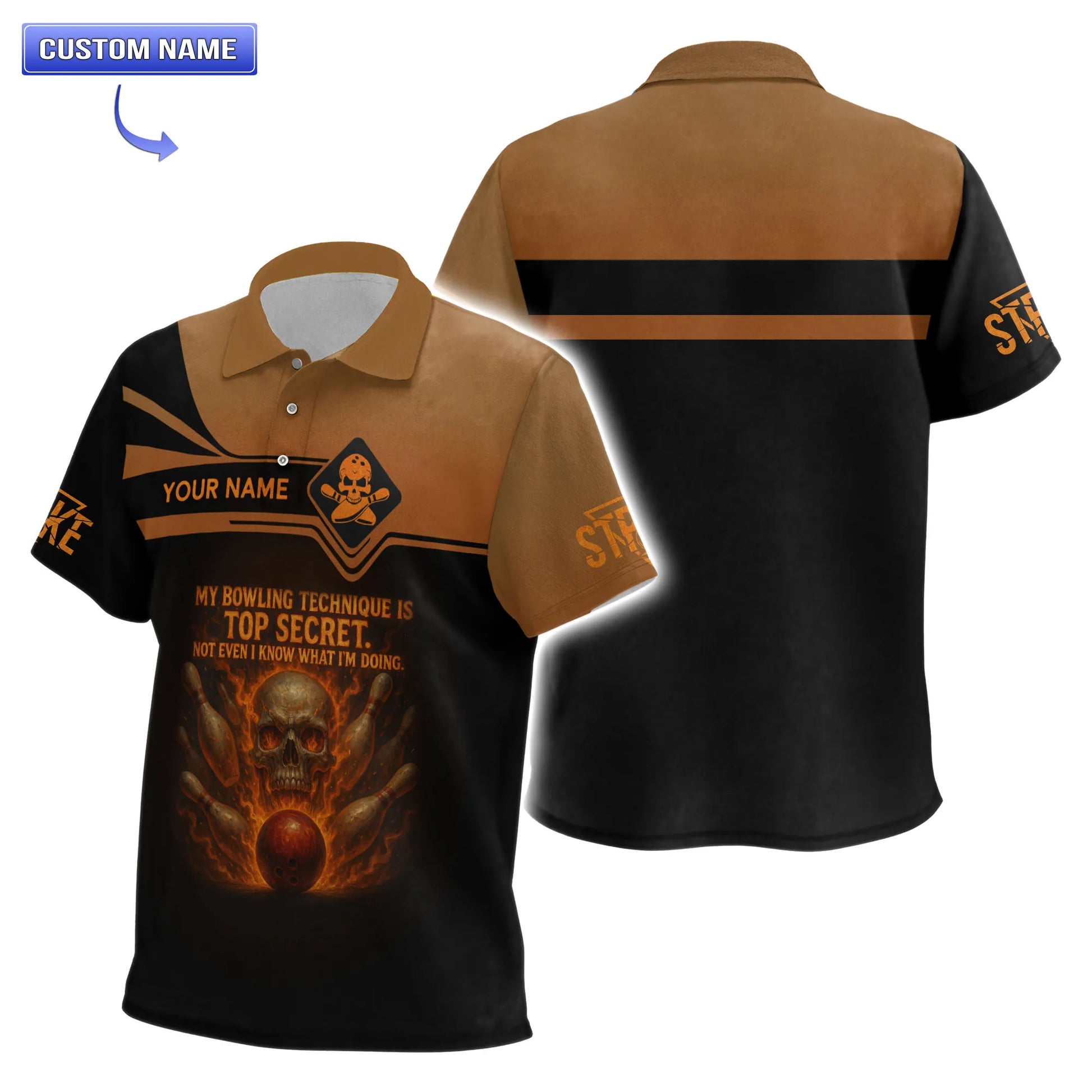 Classic fit men's bowling shirt with "Top Secret Technique" slogan and skull-flame motif.