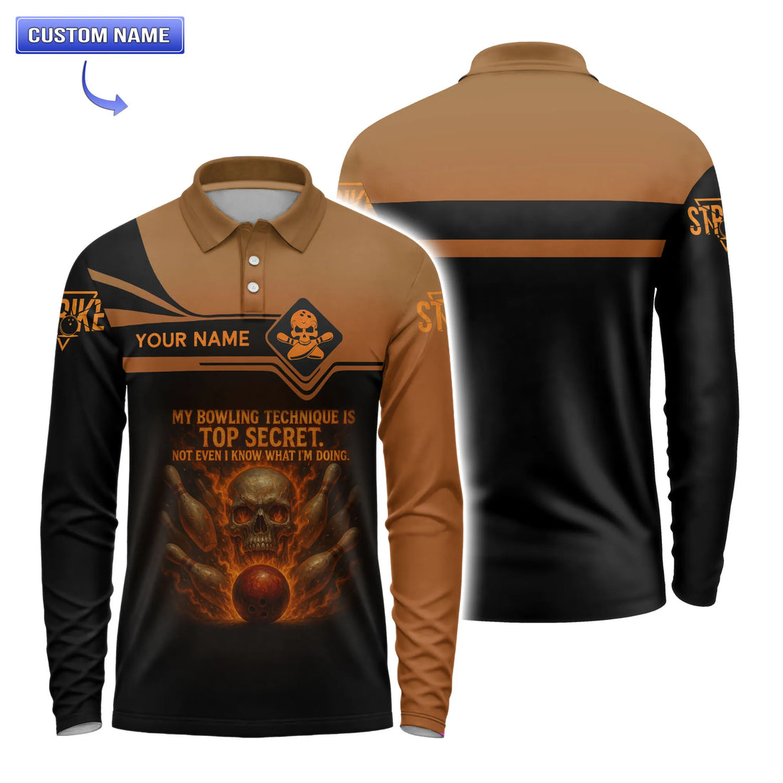 Custom men's short sleeve bowling polo with flaming skull and "Top Secret Technique" quote.