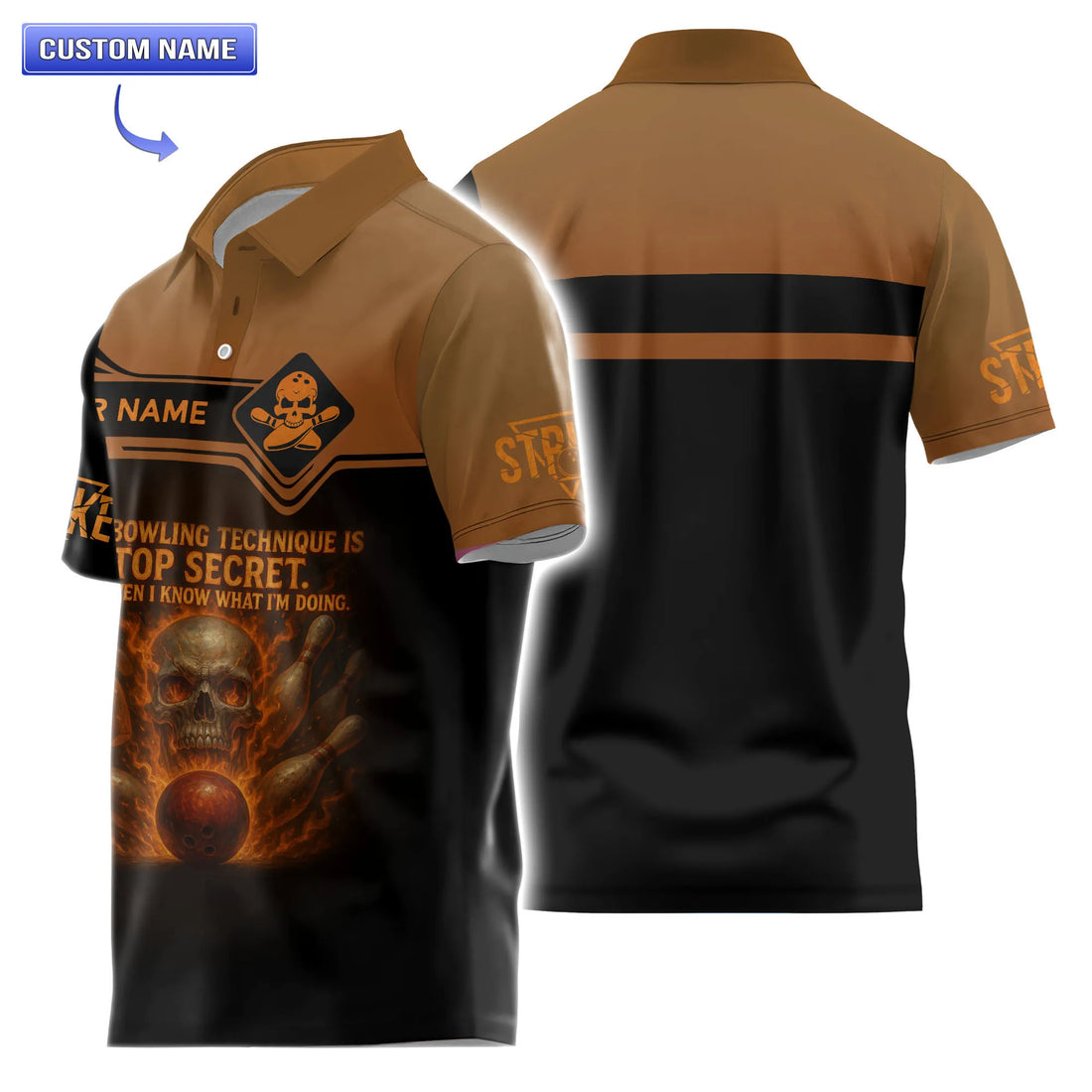 Custom men's short sleeve bowling polo with flaming skull and "Top Secret Technique" quote.