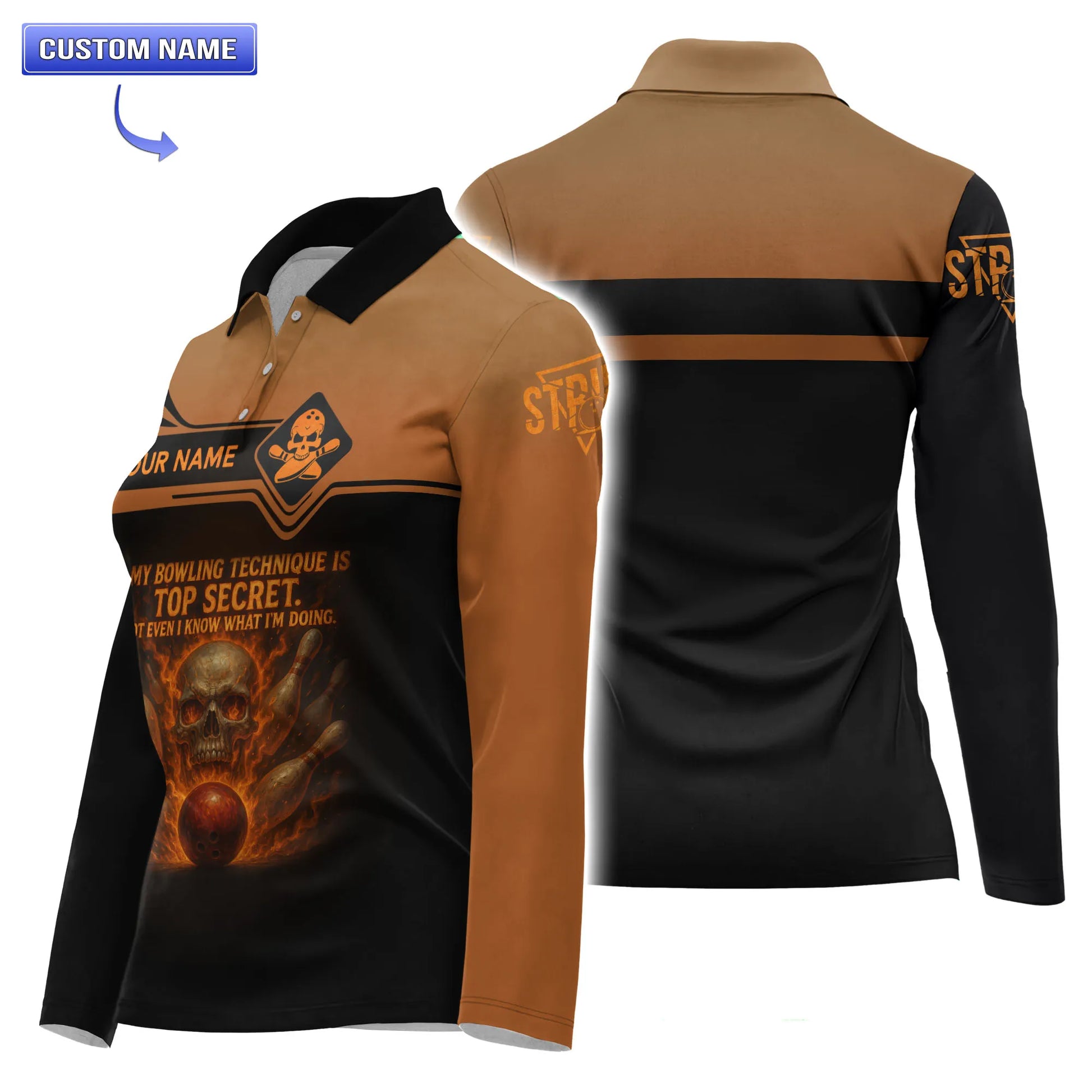 Long sleeve women’s bowling shirt with flame skull graphic and humorous bowling slogan.