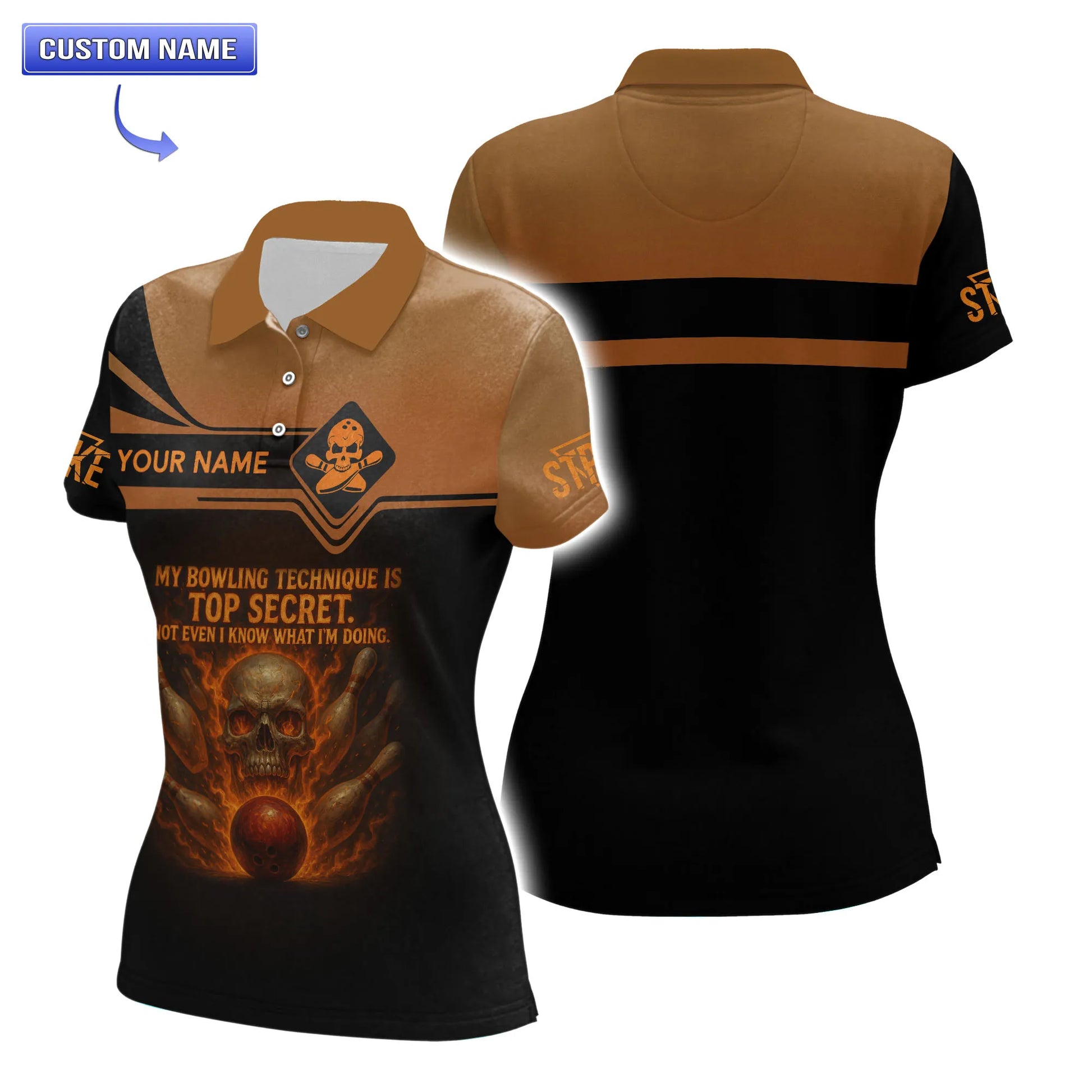 Custom women’s short sleeve bowling shirt with name and flaming skull design.