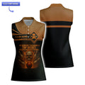 Sleeveless women’s bowling polo with flaming bowling pins and skull art, customizable.