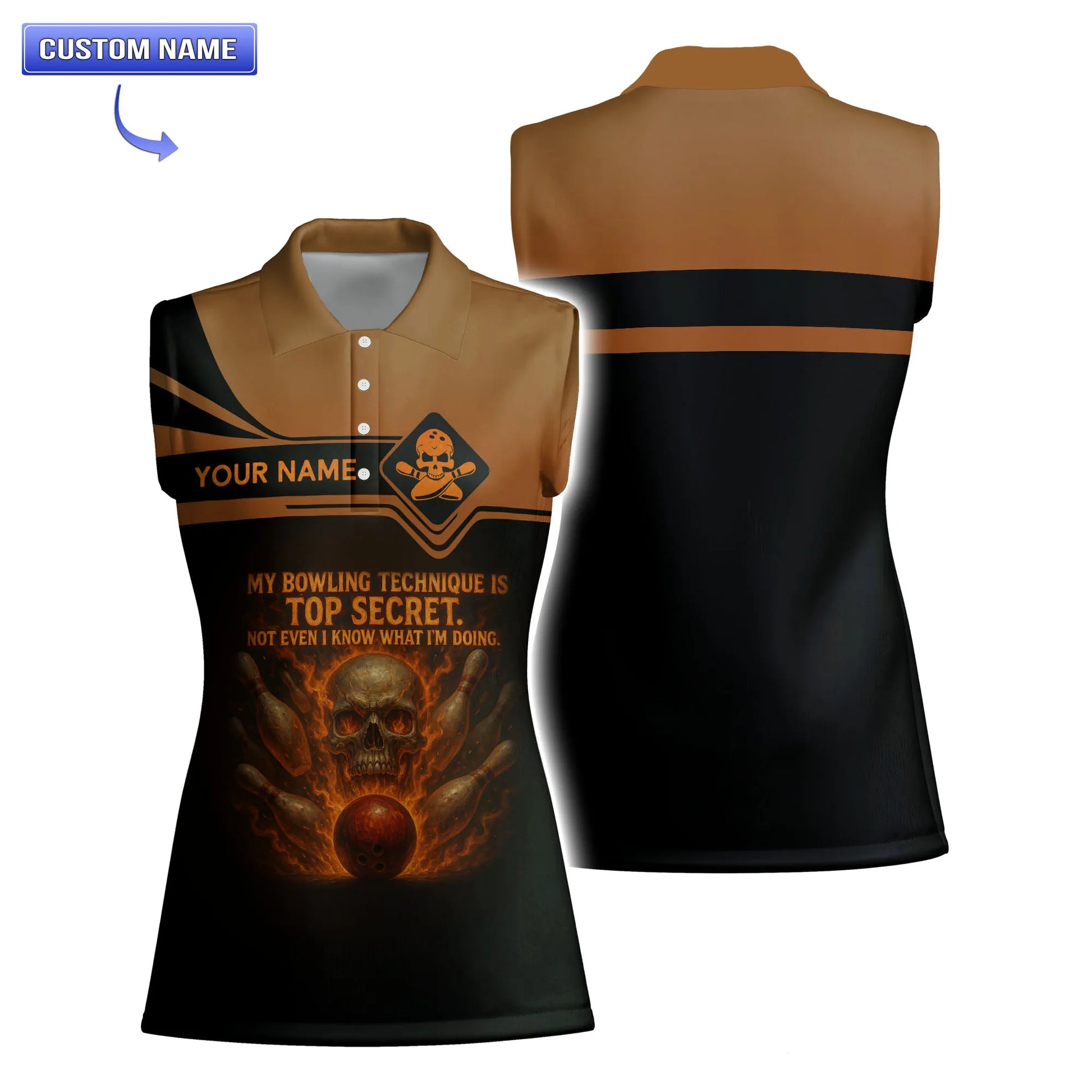 Sleeveless women’s bowling polo with flaming bowling pins and skull art, customizable.