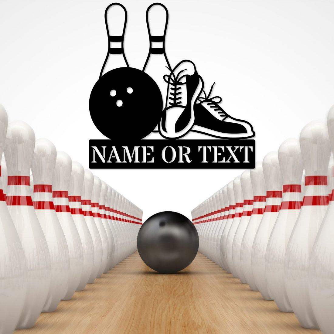 Black powder-coated bowling pins, ball, and shoes wall art on white background